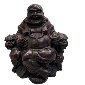 Vintage Small‎ Laughing Buddha Statue Sitting on Dragon Lion Chair Figurine